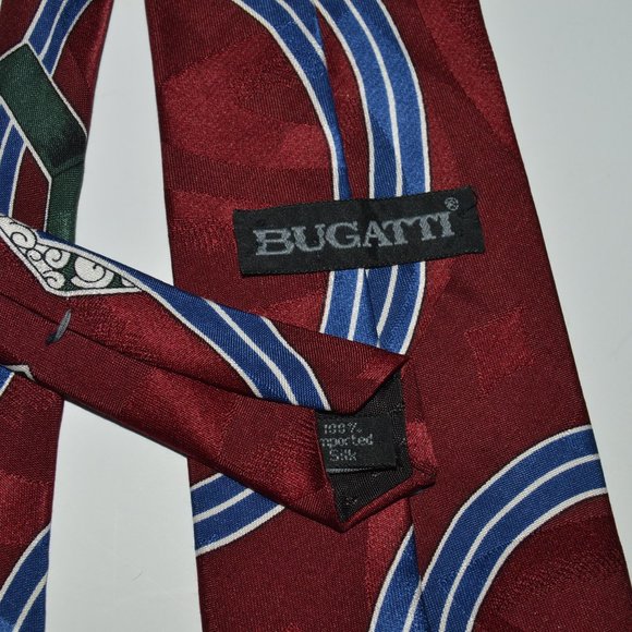 Vintage Bugatti 100% Silk Necktie - Burgundy with Blue/Green/White Geometric - Picture 2 of 8